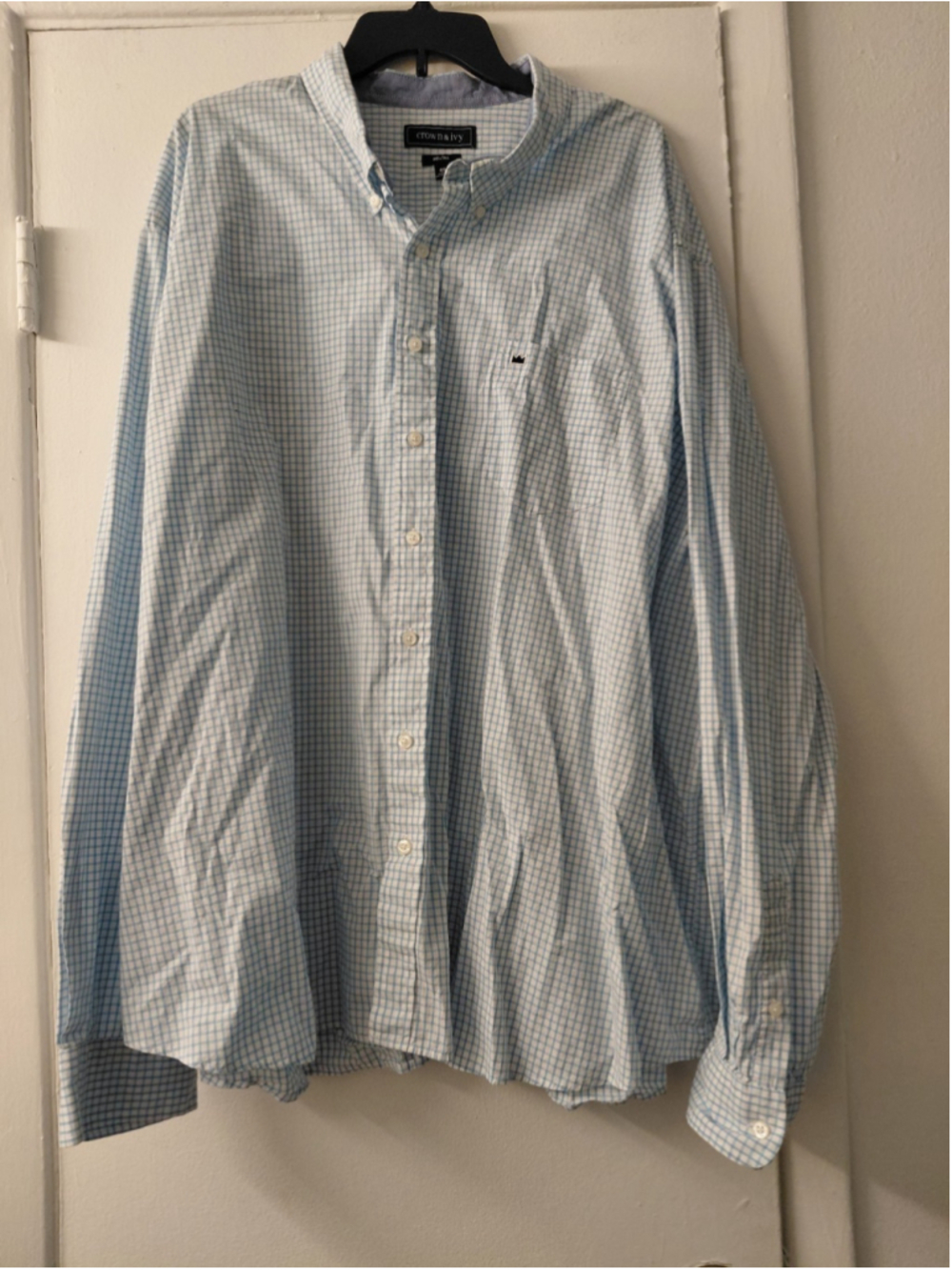 Men's 4XL Button Down Long Sleeve Crown & Ivy Dress Shirt Light Blue White Plaid